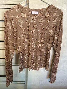 Pink Lily Taupe Floral Long Sleeve Mesh Top